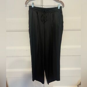 Black satin drawstring wide leg trousers